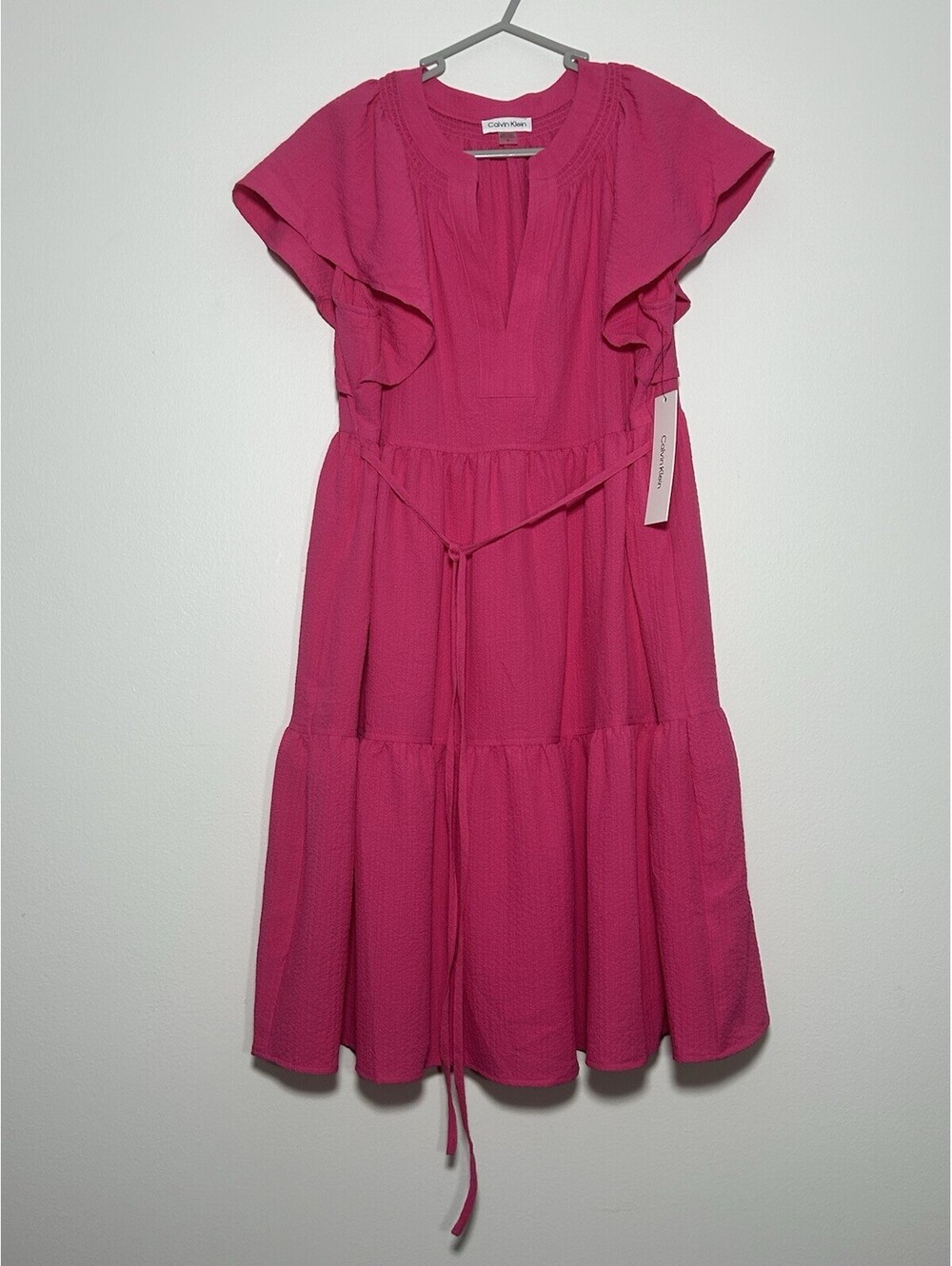 Calvin Klein Pink Crepe Ruffled Tie Waist Flutter Sleeve V Neck Dress Size 8